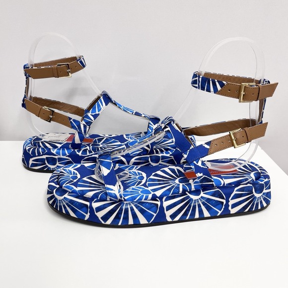 La Double J Sandals Shoes Blue & White Printed Jazzy Conchiglie NWT $580 38 8 - Picture 1 of 9